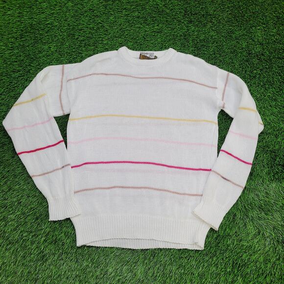 Vintage 90s Eddie-Bauer Stripes Sweater Medium 21x27 White - Picture 1 of 11